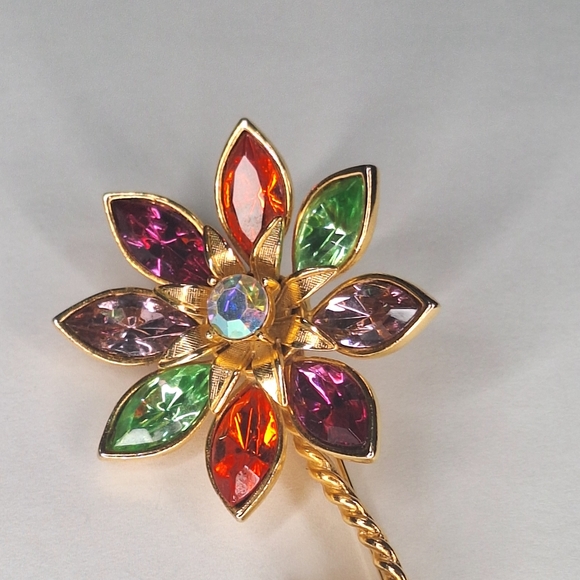 Vintage GRAZIANO Large Colorful Flower Brooch Pin 3" Uranium Glass Gold Tone - Picture 10 of 13